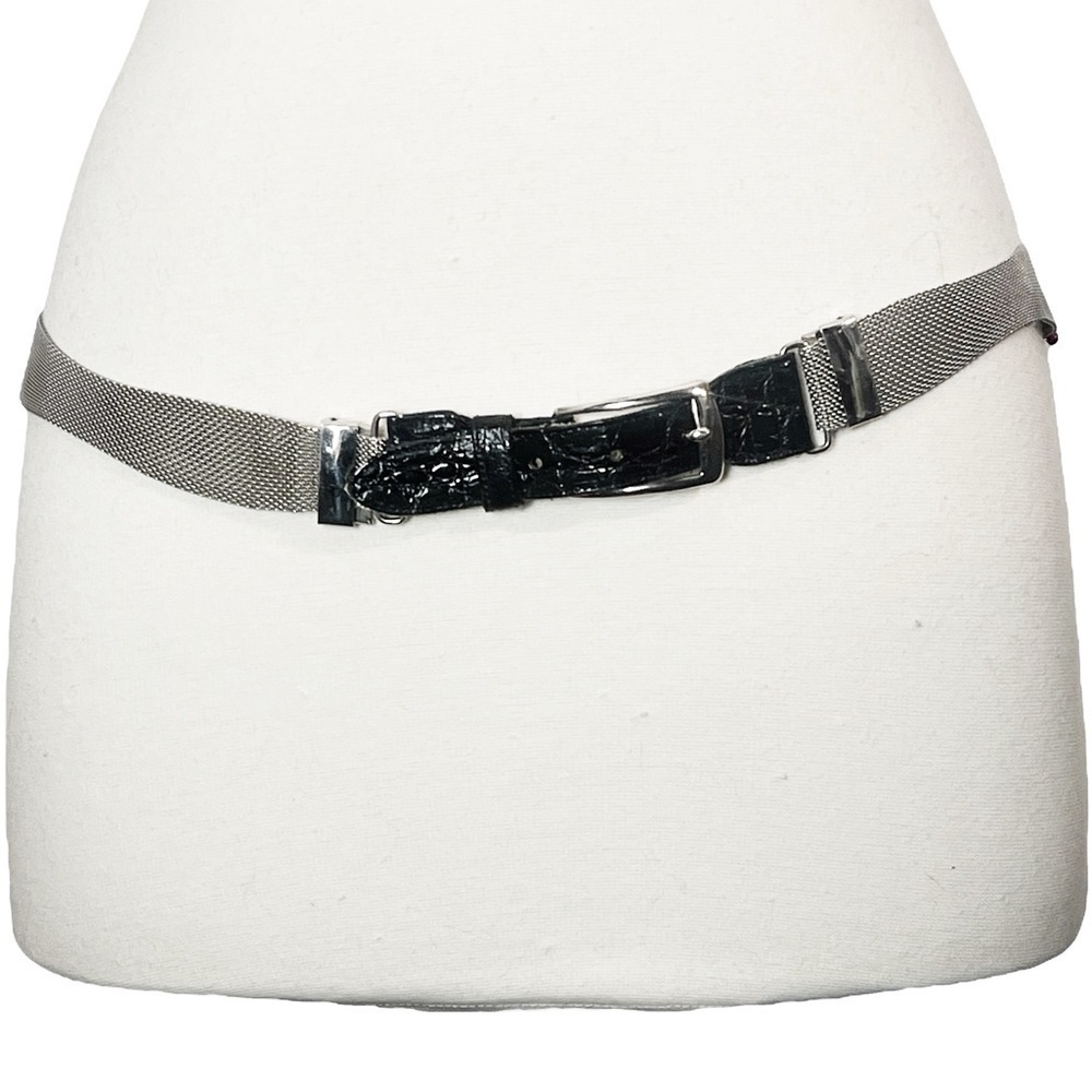 Vintage 80s Silver Scalloped Edge Woven Metal Belt Black Leather & Silver Buckle
